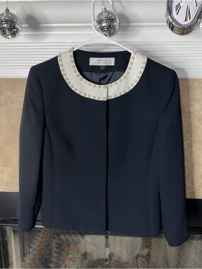 TAHARI Arthur S. Levine Navy Blue Ivory Pearl Collar Blazer Jacket Women Size 4